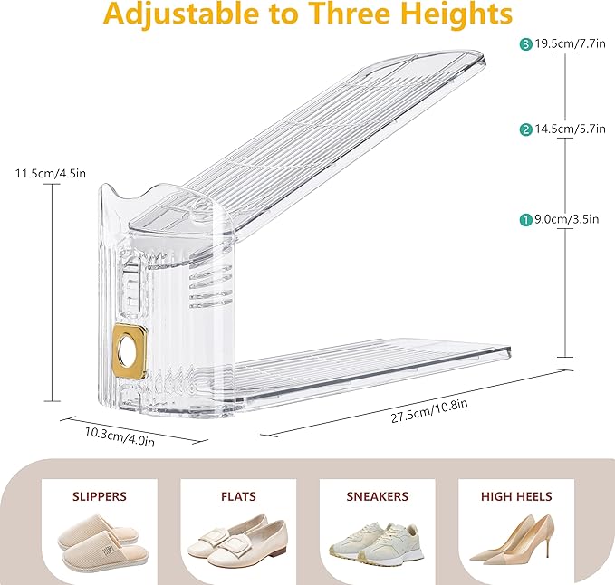 Clear Shoe Slots Organizer for Closet, 20-Pack Adjustable Shoe Stacker & Space-Saving Shoe Storage for a Variety of Spaces, Double Deck Organizer (Transparent Gold)