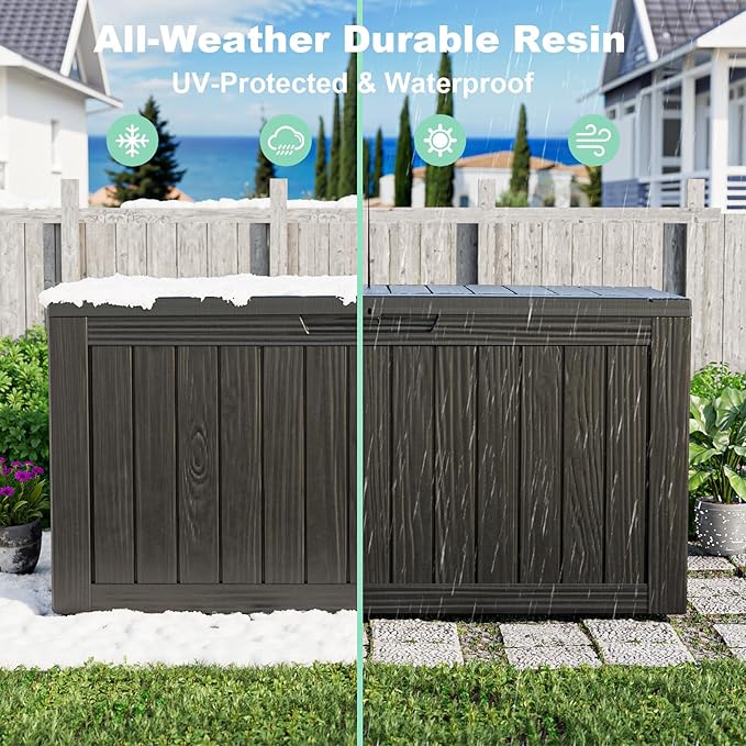 DRATO 75 Gallon Deck Box, Waterproof Resin Large Outdoor Storgae Box for Patio Furniture, Patio Cushions, Gardening Tools, Pool Supplies, Lockable（Black，75 Gallon）