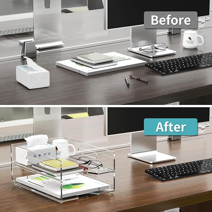 HIIMIEI Paper Organizer for Desk, Acrylic Paper Tray, Clear Letter Tray Desk Stackable Organizer Tray for School, Home, Office 2 Tiers