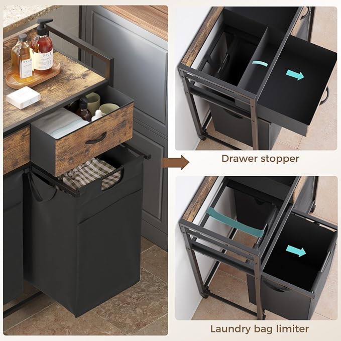 Laundry Sorter with 2 Drawers, 100L with Pull-Out Removable Laundry Bags, Laundry Hamper Baskets with 2 Section and Wheels, Rustic Brown and Black