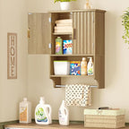 TEENFON Fluted Bathroom Wall Cabinet with Adjustable Shelves and Towel Rack, Wall Mounted Over The Toilet Storage Organizer for Bathroom, Living Room, Natural