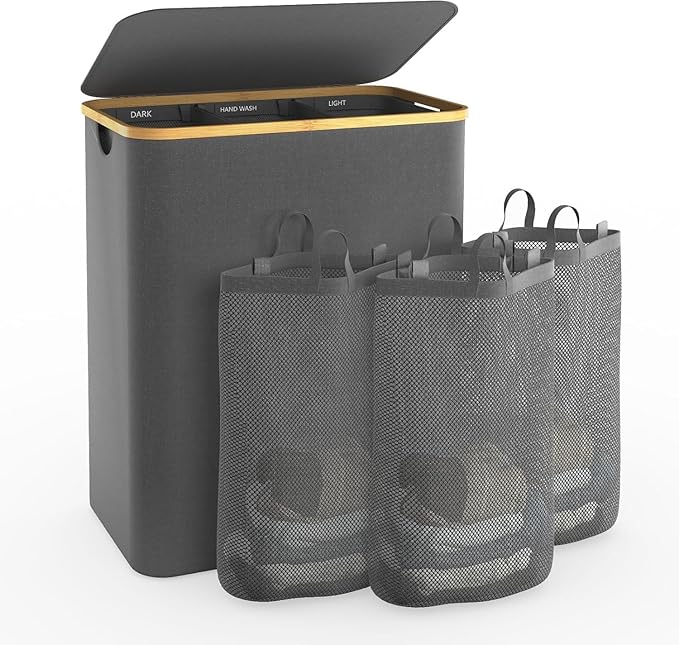 Hampers for Laundry Basket with Lid, 160L Extra Large 3 Section Clothes Divided Organizer for Bedroom, Laundry Room, Dirty Clothes Hamper, Grey