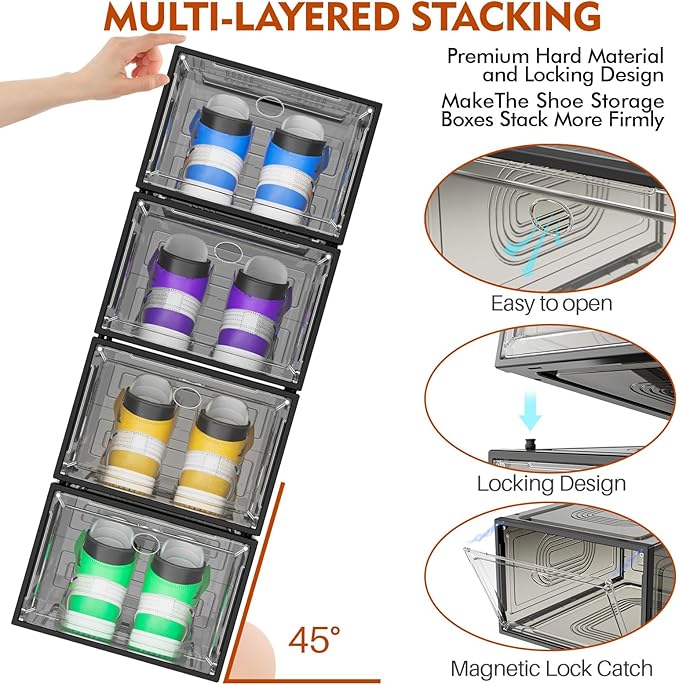 6 Pack Thicken Shoe Organizer Stackable,Upgraded Sturdy Shoe Storage Box with Magnetic Door,Shoe Containers For Sneaker Display,Hat Organizer,Black