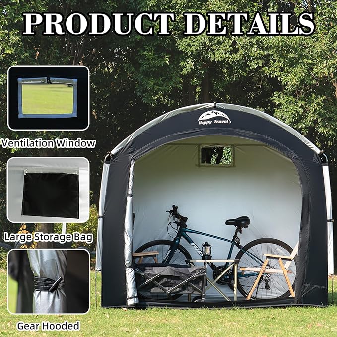 Happy Travel Bike Storage Tent Shed, Outdoor Waterproof Bicycle Covers Shelter with Window for 2/3/4/6/8 Bikes,Oversized Outside Portable Sheds for Lawn Mower,Garden Tools