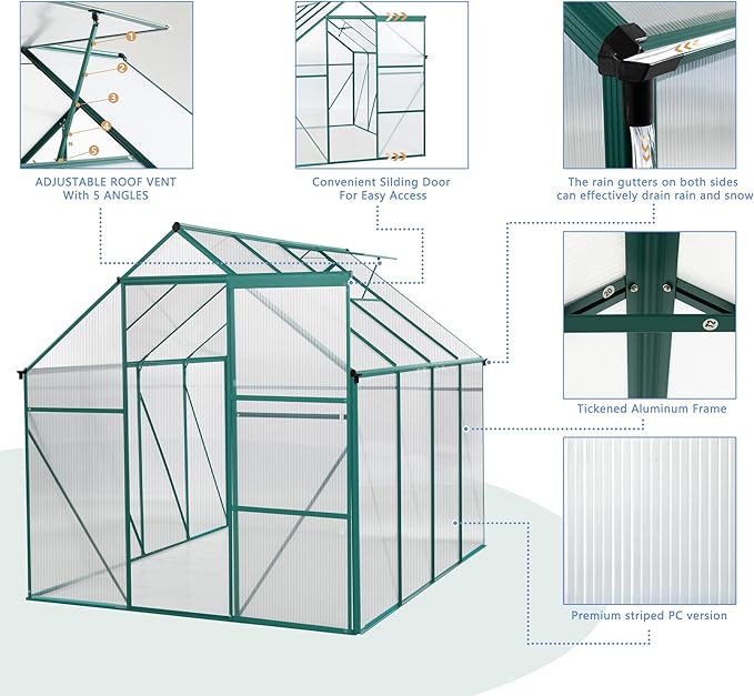 6X8FT Greenhouse for Outdoor, Polycarbonate Greenhouse with Raised Base and Anchor, Heavy-Duty Walk-in Green House with Adjustable Roof Vent and Gutter System for Patio,Backyard (Green, 6X8 FT)
