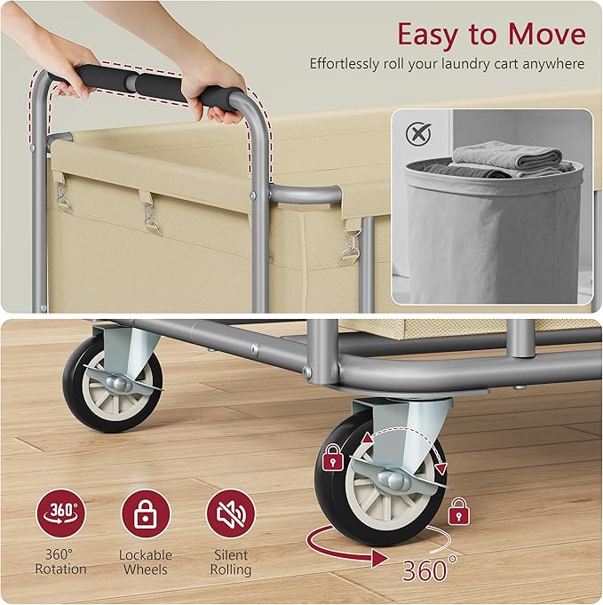 Tajsoon 450L Extra Large Laundry Basket with Wheels, Rolling Laundry Hamper with Handle, Heavy Duty Laundry Cart with Metal Frame, Commercial Laundry Sorter for Hotel, Bathroom, Bedroom, Khaki