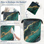Marble Laundry Basket,Foldable Oxford Cloth Green Gold Flowing Marble Laundry Hamper With Handle, 20.8"x16" Portable Clothes Storage Basket Bag for Laundry Room/Bathroom/Bedroom/Dormitories