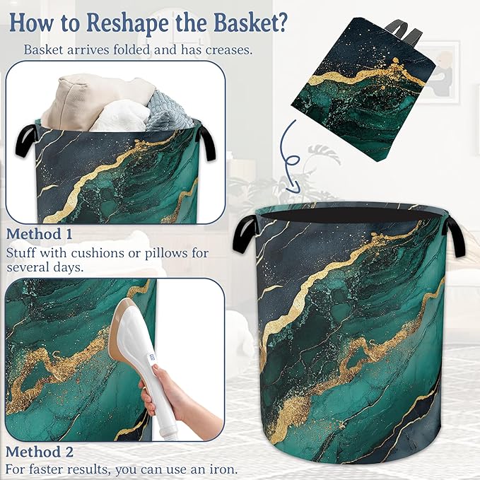 Marble Laundry Basket,Foldable Oxford Cloth Green Gold Flowing Marble Laundry Hamper With Handle, 20.8"x16" Portable Clothes Storage Basket Bag for Laundry Room/Bathroom/Bedroom/Dormitories