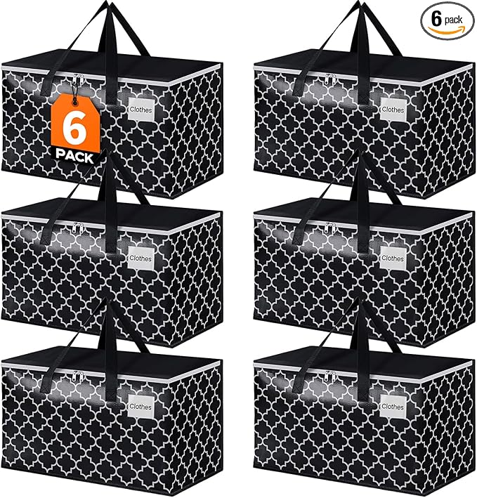 HomeHacks Heavy Duty Moving Bags with Tag Pockets, Collapsible Storage Totes for Moving, Camping & Travel -Foldable Packing Boxes, Zipper Handles, Black（6 Packs, 88L）