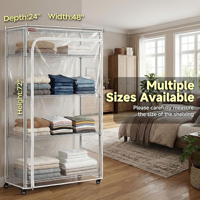 Large Clear PVC Wire Shelving Cover, 48" W x 24" D x 72" H, 3-Way Opening with Two-Way Zippers, Heavy-Duty Transparent Shelf Cover for Garage, Storage & Utility Areas