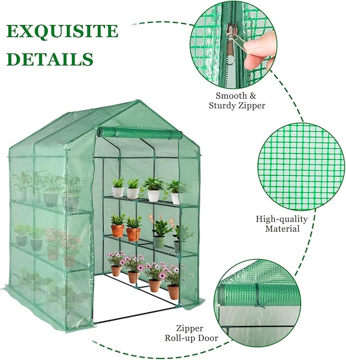 Walk-in Greenhouse with Iron Pipe Steeple, 77H x 56W x 56D inches, Greenhouse for Outdoors with Screen Windows, Green PE Cover, Roll-up Zipper Door, Portable Green House with Shelf Clips