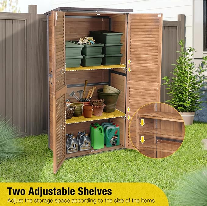 Aivituvin Outdoor Storage Shed with Adjustable Shelves and Floor, Garden Sheds with Iron Frame and Wooden Frame, Outdoor Tool Cabinets with Inclined Weatherproof Roof