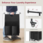Tajsoon Laundry Sorter with Hanging Bar, 2 Section Laundry Hamper with Lockable Wheels and Removable Bag, Black & Gray