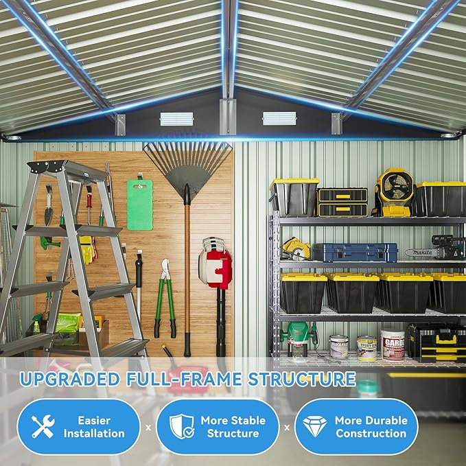Aoxun 10x12 FT Outdoor Storage Shed - Metal Garden Tool Shed with Lockable Doors & Slooping Roof, Waterproof Outside Storage Shed Ideal for Tools, Garden Equipment & Bikes, Patio Placement(Black)