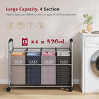 Tajsoon Laundry Sorter 4 Sections, Laundry Separator Hamper with Heavy Duty Lockable Rolling Wheels, Laundry Divider with Removable Bags for Dirty Clothes Storage, Black & Grey