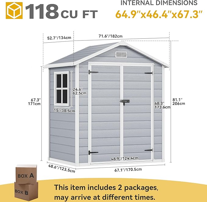 DWVO 6x4.4 FT Resin Storage Shed with Reinforced Floor, Outdoor Storage Shed with Lockable Door, Window and Vents, Waterproof Plastic Tool Storage for Garden, Backyard, Patio, Lawn
