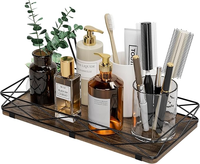 Toilet Paper Basket Holder, 13" Toilet Tank Tray, Wood and Metal Toilet Tray Vanity Organizer Bathroom Tray, Kitchen Sink Organizer for Soap Dispenser (Brown+Black)