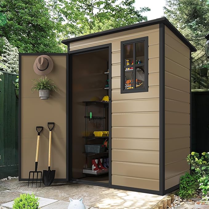 DWVO 5x3ft Resin Outdoor Storage Shed with Floor, Waterproof Lockable Storage Shed with Window, Plastic Outside Tool Storage for Garden Backyard Patio Lawn