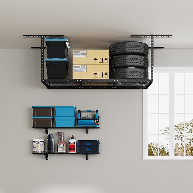 FLEXIMOUNTS 3x6 Overhead Garage Storage Adjustable Ceiling Storage Rack with 2-Pack 1x4ft 12-inch-by-48-inch Wall Shelf, 450lbs+300lbs Capacity, Black