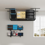 FLEXIMOUNTS 3x6 Overhead Garage Storage Adjustable Ceiling Storage Rack with 2-Pack 1x4ft 12-inch-by-48-inch Wall Shelf, 450lbs+300lbs Capacity, Black