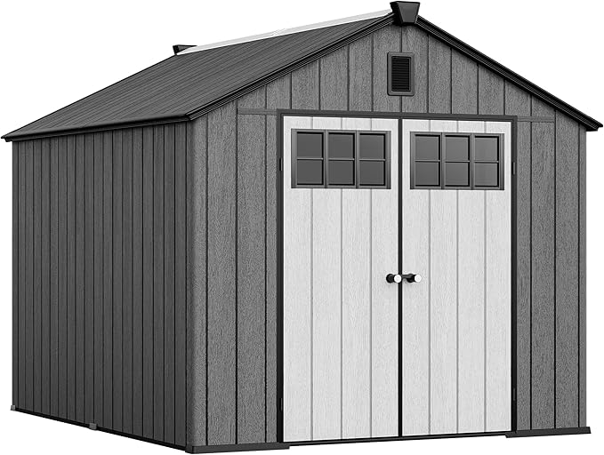 YITAHOME 8x10 FT Outdoor Storage Shed with Floor, Extra Thick Plastic Garden Shed for Bikes, Tools and Pool Supplies, Outdoor Resin Shed with Door Window Insert, Vents for Patio, Backyard, Black