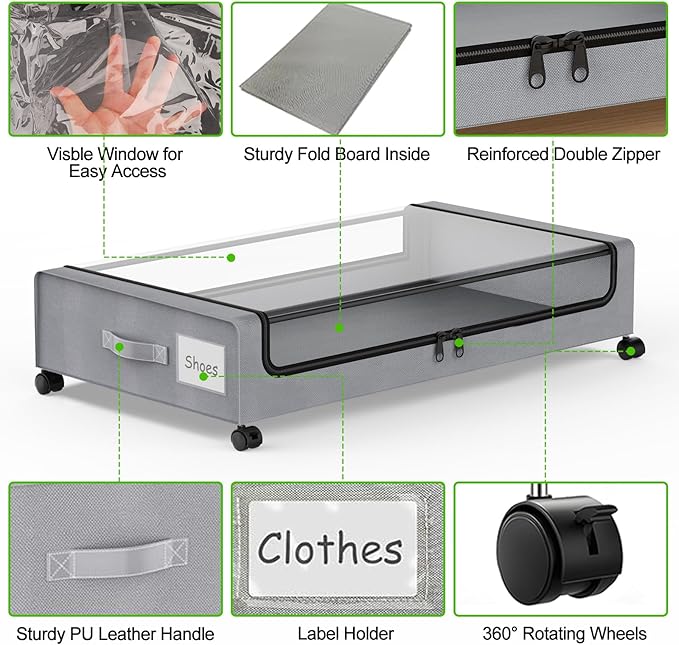 Under Bed Storage with Wheels, 2-Pack Underbed Storage Containers with Clear Lids, Under Bed Shoe Storage Organizer Bins, Rolling Under Bed Storage for Clothes Shoes Blankets (Grey)