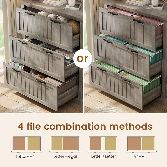 SEDETA File Cabinet for Home Office, Farmhouse 3 Drawer Filing Cabinet, Wood Office File Cabinets for Letter/Legal/A4 Size, Lateral File Cabinets with Printer Stand, Grey