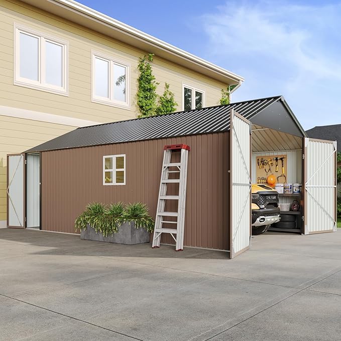 Aoxun 12x20x9.3 FT Metal Garage Shed Outdoor Large Storage Shed Carport with Double Doors,Side Door & Windows, Heavy Duty Garden Tool Shed All-Weather Outdoor Building for Vehicles & Sundries(Brown)