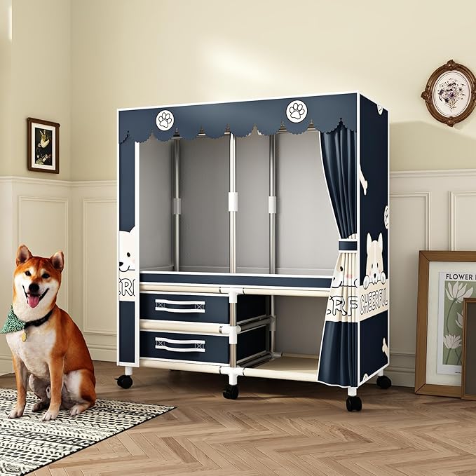 Large Portable Armoire Wardrobe Closet with 4 Hanging Rods and Lockers,Metal Storage Wardrobe Clothes Rack with Dust Cover for Clothes,16.7 in Wide,Bedroom,Gray (Navy Blue, 33.5 in)