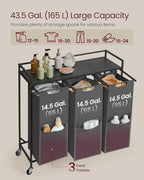 VASAGLE Laundry Sorter, 43.5 Gal. (165 L) Laundry Hamper Basket with 3 Compartments, Rolling Cart with Wheels, Shelf, Removable Bags, Pockets, Slate Gray and Charcoal Gray UBLH031G01