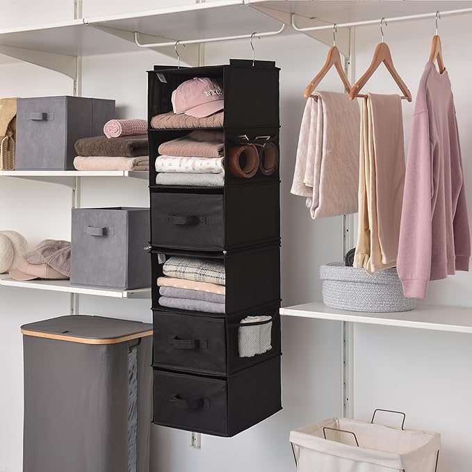 GRANNY SAYS 6-Shelf Hanging Closet Organizers and Storage, Separable to 2 Pack 3-Shelf Closet Hanging Organizer with 3 Drawers, 4 Side Pockets Hanging Shelves for Closet, Nursery, Black