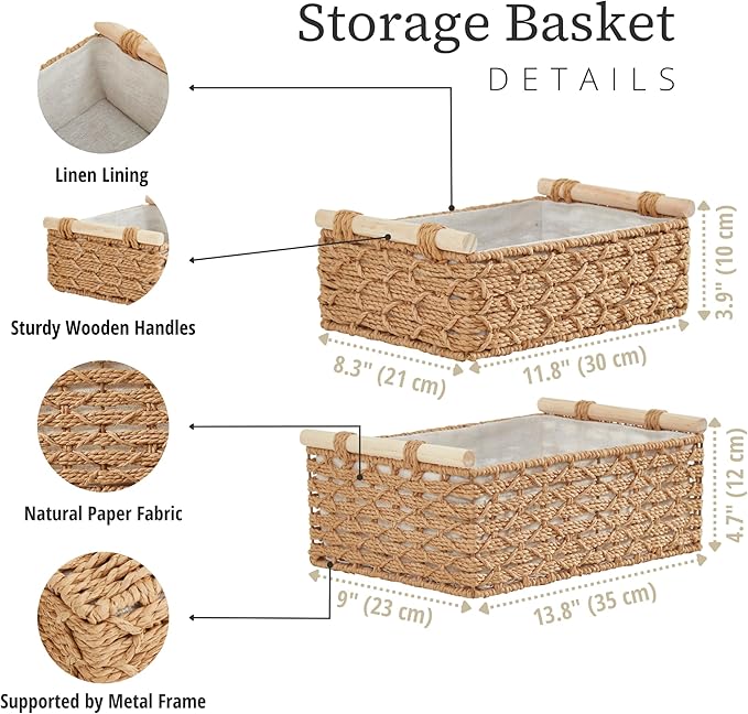 DECOMOMO Paper Rope Wicker Storage Basket, Back of Toilet Basket, Bathroom Organizer, Toilet Tank Tray, Countertop, Home Decor (Beige, Set of 2)