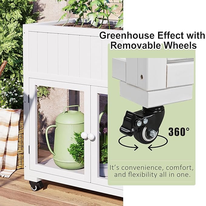 37.4" H Mini Wood Cold Frame Garden Greenhouse with 2 Doors and Wheels, Raised Bed with Liner for Indoor Outdoor Use, White