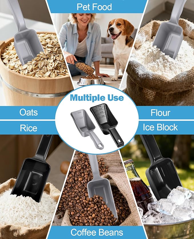 2-Pack Dog Food Scoop Set,1 Cup and 2 Cup Plastic Pet Food Measuring Scoops with Clear Measurement Lines,Multi-Purpose Pet Food Scooper for Dogs, Cats (Grey and Black)