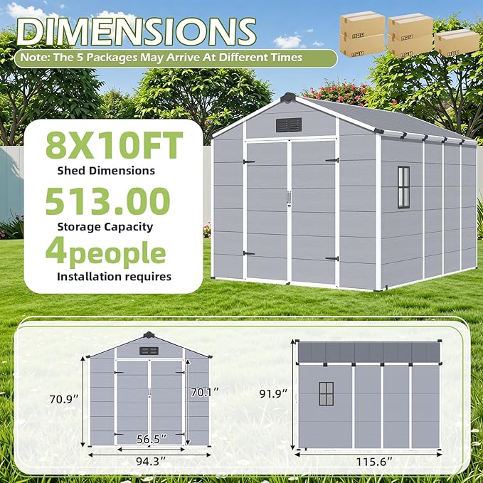 8 x 10 FT Plastic Tool Shed, All-Weather Resin Outdoor Storage Shed with Floor, Lockable Doors & Windows, Plastic Garden Shed for Poolside, Backyard, Patio
