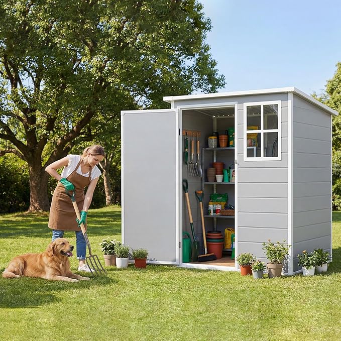 LARBANKE 5×3FT Outdoor Storage Shed with Floor&Window,Waterproof Garden Resin Tool Shed with Lockable Door&Slop Roof&Air Vent,Plastic Storage Shed Suitable for Patio,Backyard,Garden,Gray