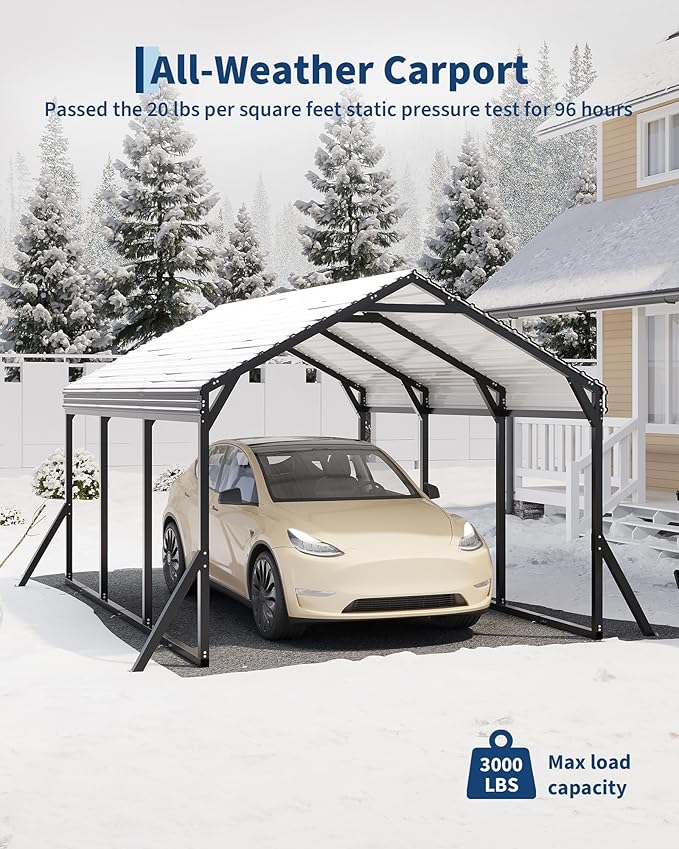Garvee 10x15x9 ft Metal Carport, Car Port with Reinforced Frame and Steel Roof for All-Weather Use, Permanent Shelter for Sedans, SUVs, or Boats