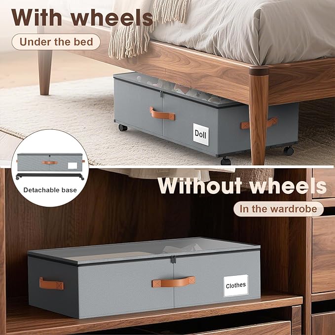 Under Bed Storage Containers with Wheels, 9.5 inches Higher Underbed Shoes Blankets Clothes Toy Storage Drawers for College Dorms Bedrooms Nursery Rooms Organization, 2 Pack to be Assembled