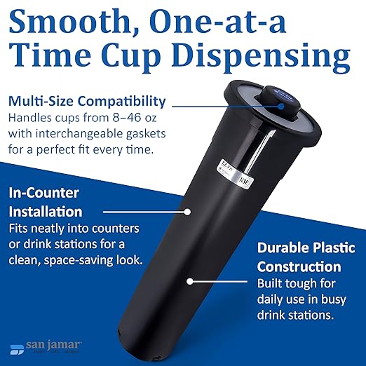 San Jamar One-Size-Fits-All Ez-Fit In-Counter Cup Dispenser Fits 8-46 Oz Cups with Interchangeable Gaskets for Restaurants, Dining Halls, and Fast Food, Plastic, 18 Inches, Black