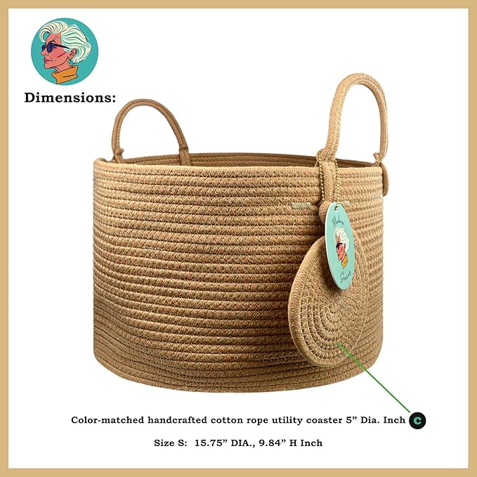 Modern Granny Small Cotton Rope Laundry Basket 16x10 Inch Dual Secure Woven Handle for Living Room Closet Clothes Blanket Organization