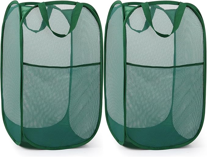 2 Pack Durable Collapsible Laundry Baskets - Reinforced Mesh Pop Up Laundry Hamper with Pocket, Foldable Dirty Clothes Hamper with Carry Handles for Laundry, Bathroom, Kids Room, Dorm or Travel Green