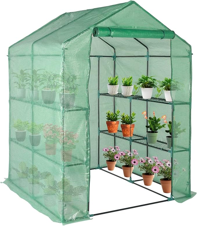 Walk-in Greenhouse with Iron Pipe Steeple, 77H x 56W x 56D inches, Greenhouse for Outdoors with Screen Windows, Green PE Cover, Roll-up Zipper Door, Portable Green House with Shelf Clips