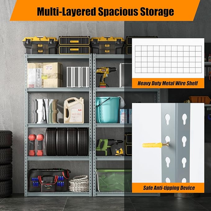 Giantex 5-Tier Storage Shelves, Height Adjustable Metal Storage Utility Rack Shelf with Anti-Tipping Device, Heavy Duty Garage Shelving for Warehouse, Basement, Kitchen, 35.5" x 12" x 72", Grey