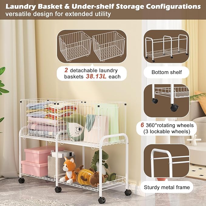 FOLLOWIN Rolling Laundry Cart with Wheels,76L Laundry Hamper Sorter Trolley with Extra Shelf,2 Removeable Collapsible Wire Storage Basket