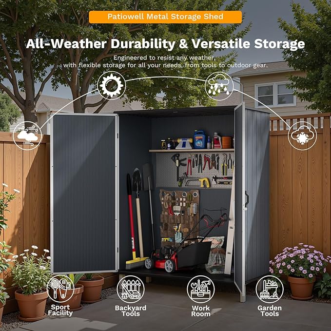 Patiowell 5x3 FT Resin Outdoor Storage Shed with Floor, Plastic Waterproof Outdoor Storage Cabinet, Garden Organizer Shed with Lockable Door for Patio Furniture, Pool Accessories, Dark Gray