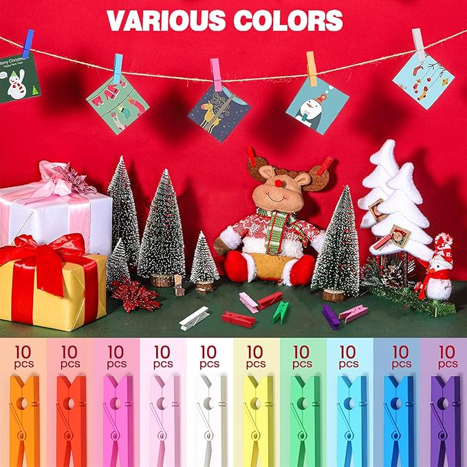 Mini Clothes Pins for Photo, Small Colored Clothespins 100 Pack Wooden Rainbow Colorful Picture Clips with 32 FT String for Crafts, Little Baby Shower, Display Artwork, Hanging Decorative Tiny Cards