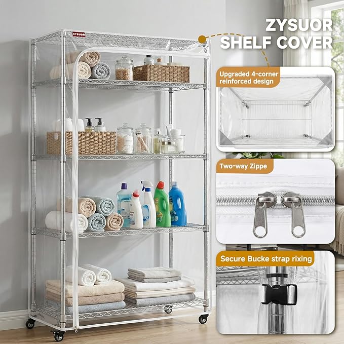 Clear PVC Shelf Cover, Extra Deep 36" W x 24" D x 72" H, 3-Way Opening with Two-Way Zipper, See-Through Waterproof Storage Shelving Cover for Warehouse