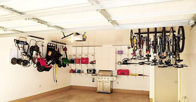50" Adjustable Overhead Garage Ceiling Storage Track/Bike Rack With Hooks that Slide and Rotate, 50 Lbs. per Hook.