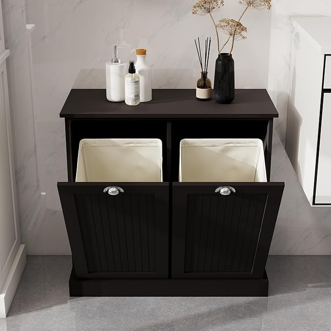 Two-Compartment Tilt-Out Laundry Sorter Cabinet,Bathroom Storage Organize Cabinet with 2 Removable Hamper Clothes Basket (Black)