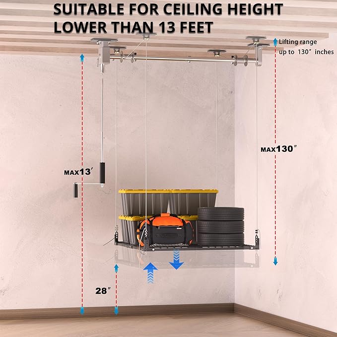 Overhead Garage Storage Rack,4x4FT Ceiling Storage Racks with Secure Lock,Garage Storage Lift System for Easy Up Down,Industrial Elevator Lift Holds 400 Lbs